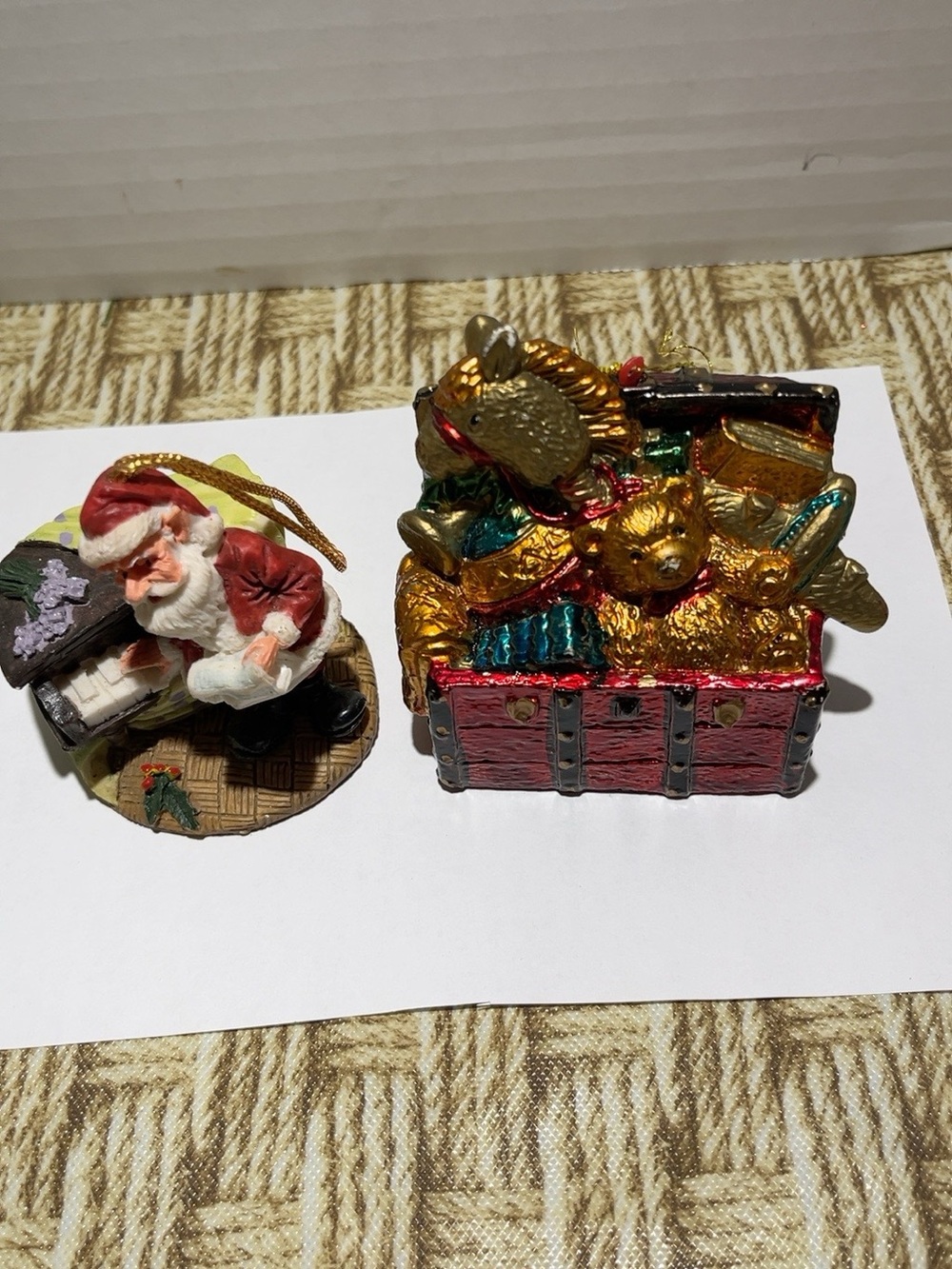 Vintage Style Christmas Ornament Lot Santa Piano Toy Chest Resin Set of 2